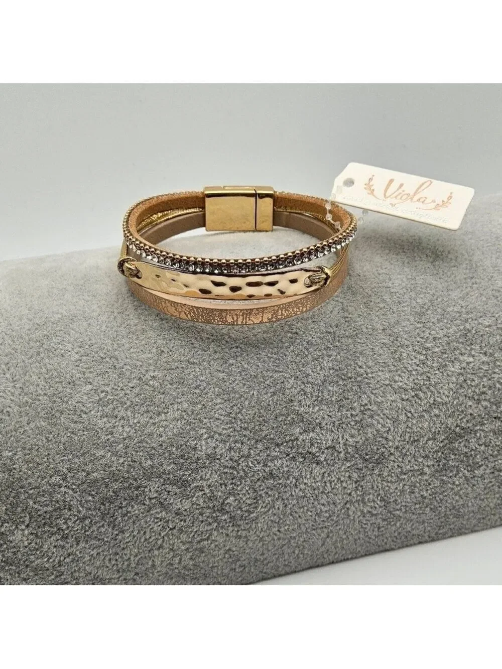Elegant Gold Plated Multi Chain Leatherette Magnetic Bracelet, Simulated Diamond